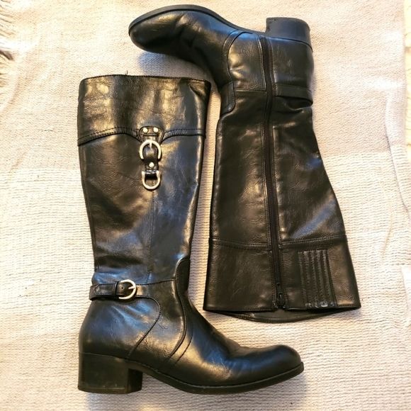 Unisa Shoes - Unisa equestrian black vegan leather boots with goldtone buckles stacked heel